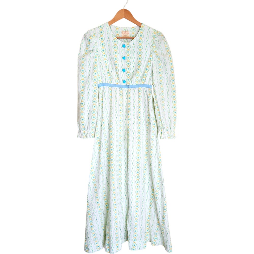 70s Vtg Handmade Maxi Prairie Dress Roses Floral Seersucker cottagecore